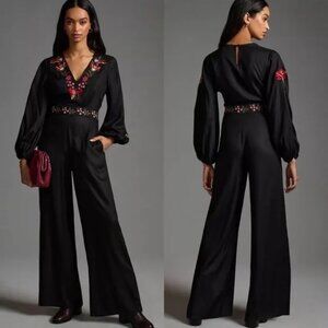 ANTHROPOLOGIE FARM RIO Embroidered Flower Black Wide-Leg Jumpsuit Balloon Sleeve
